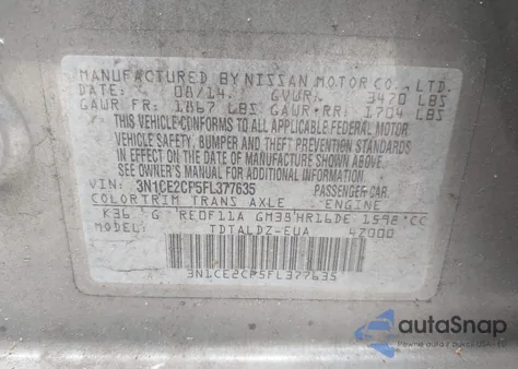 2015 Nissan Versa Note S (Sr)/S Plus/Sl/Sr/Sv из США, поврежденный, VIN 3N1CE2CP5FL377635